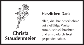 Traueranzeige von Christa Staudenmeier von Pegnitz-Zeitung